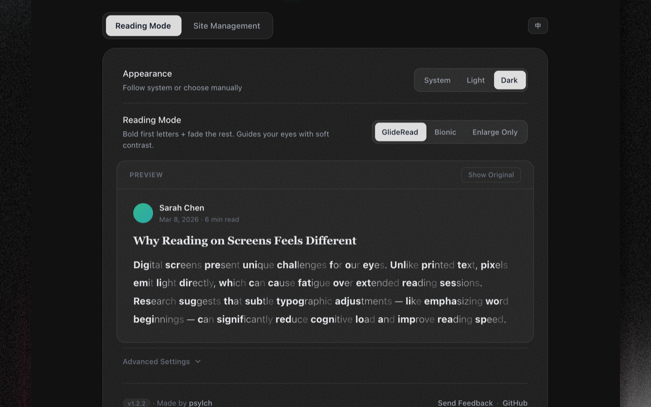 GlideRead Settings